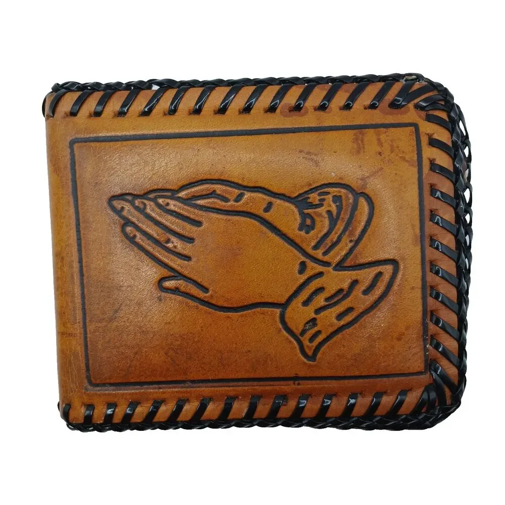 Tooled Leather Bi-Fold Wallet The Lord's Prayer & Praying Hands Laced Western